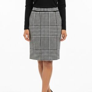 Talbots Skirt Houndstooth Plaid Faux Leather Trim Pencil Black 2P Work Office